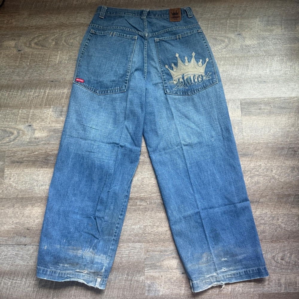 JNCO Jeans Crown Wide Leg Skater Jeans Vintage 34x32 Y2K Baggy‎ Blue Embroidered